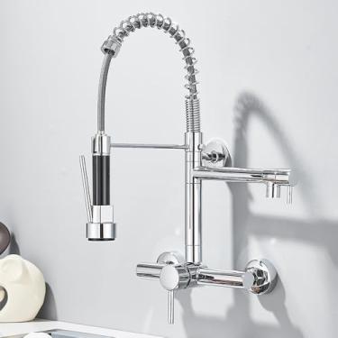 Imagem de Torneira de cozinha de parede, puxador para baixo, cabeça de alta pressão, água quente e fria, torneiras giratórias, mão única, 2 saídas de água, cromado
