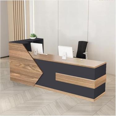 Imagem de Mesa de recepção de madeira moderna com balcão e gaveta com trava, recepção de salão L-Shap, varejo, escritório, lobby, balcão, recepção, fácil de montar, caixa de recepção, cinza carvalho, 70,8