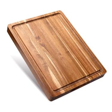 Imagem de Tábua de corte de madeira de acácia para cozinha, tábua de cortar bloco de açougueiro de 3,8 cm de espessura com ranhura de suco, tábua de charcutaria de 40,6 x 30,5 cm para vegetais, frutas, queijo