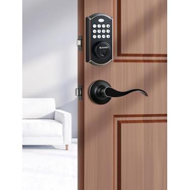 Imagem de ELAMOR Fechadura de porta de entrada sem chave M19 com 2 maçanetas, trava automática, 50 códigos de usuário, fechadura inteligente fácil de instalar para porta da frente, conjunto de puxadores de