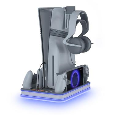Imagem de Suporte PS5 e estação de resfriamento com carregador de controle de LED RGB para PlayStation 5, carregador de controle PS5 para controle de dois sentidos e borda e portal PS, PS5 / PS5 Slim /