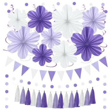 Imagem de Marwey Decoração de festa de lavanda roxa branca com flores de papel penduradas, guirlanda de borla e redemoinhos, decoração de festa de aniversário roxa para mulheres e meninas, chás de bebê