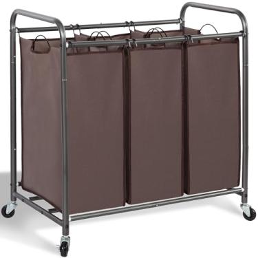 Imagem de STORAGE MANIAC Classificador de roupa com 3 seções, 3 sacos de cesto de roupa suja com rodinhas resistentes e sacos removíveis, marrom