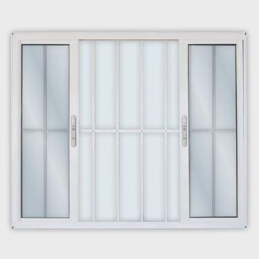 Imagem de Janela de Alumínio de Correr 100x100cm 4 Folhas 2 Fixas com Grade e Vidro Liso Linha Solida mgm