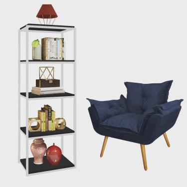 Imagem de Kit Poltrona Fatte com Estante Livreiro Ferro Branco mdf Preto Suede Azul Marinho - Ahazzo Móveis