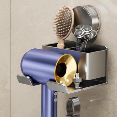 Imagem de Suporte para secador de cabelo montado na parede, organizador de secador de cabelo que economiza espaço, liga de magnésio e alumínio autoadesivo compatível com secador de cabelo Dyson montado na