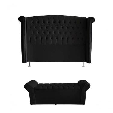 Imagem de Kit Realeza Cabeceira De Cama E Calçadeira Baú King 195 Cm Suede Preto Do Lar Móveis