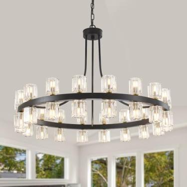 Imagem de LynPon Lustre Redondo Preto Moderno De 36", Lustre De Cristal Grande E Elegante Com 36 Luzes Para Tetos Altos, Luminárias Suspensas Rústicas Com Cúpulas De Vidro Para Sala De Jantar, Sala De Estar,