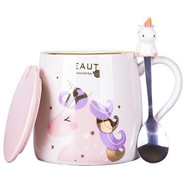Imagem de VanEnjoy Caneca de café de cerâmica de unicórnio, xícara de chá com colher, 380 ml
