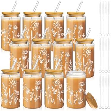 Imagem de Pacote com 12 canecas de café geladas de flores silvestres com tampa de bambu e canudo, presente de aniversário para mãe, irmã, dama de honra, chá de bebê, Natal
