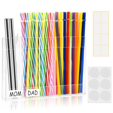 Imagem de Suporte de canudo de acrílico, suporte de canudos com fita adesiva dupla face para armário, organizador de palhas, recipiente de armazenamento para armário de balcão e cozinha (transparente)