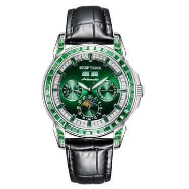 Imagem de REEF TIGER Relógio masculino automático mecânico com moldura de cristal de luxo e fases da lua, relógio clássico com pulseira de couro luminoso RGA1988, RGA1988-YNNBD, Moderno