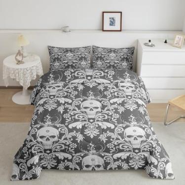 Imagem de Conjunto de edredom jacquard damasco, tamanho casal, boêmio, damasco, para crianças, meninos, meninas, decoração floral, caveira, respirável, macio, leve, microfibra cinza, roupa de cama