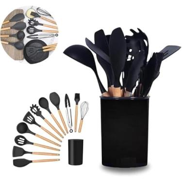 Imagem de Kit 12 Peças Conjunto Utensílios Cozinha em Silicone Cabo de Madeira Leve Antiaderente Espátula Duráveis Confeitar Organizar Cozinhar Resistentes Altas Temperaturas Colher Concha Design Premium