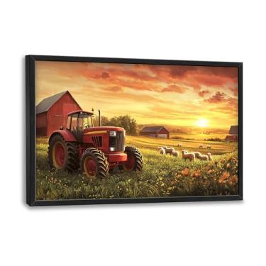Imagem de Farmhouse Sunset Grande Arte de Parede Emoldurada Decoração de Parede para Sala de Estar Imagens de Trator de Celeiro Rústico Pintura Impressão em Tela Grande Moderna Extra Grande Arte Emoldurada para