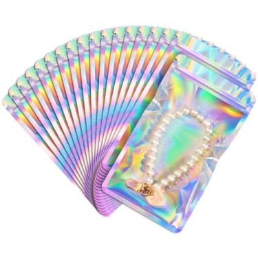 Imagem de FUNFERY Pacote com 100 sacos holográficos de janela transparente de canto redondo, sacos resseláveis, bolsa com zíper Mylar, bolsa de embalagem para doces, joias, sabonete, pincéis, suprimentos para