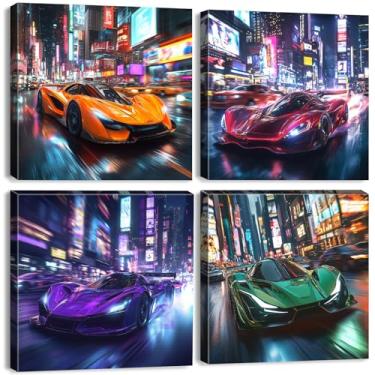 Imagem de Arte de parede colorida Lamborghini Cool Car Poster for Men Bedroom Cyberpunk Decor Canvas Abstract Green Orange Red Race Car Prints Neon Street Sport Artwork Teen Playroom Office Home Decoration 30,5