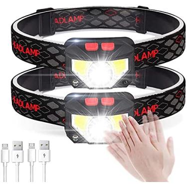 Imagem de Lanterna de cabeça, farol de LED recarregável por USB de 1500 lúmens com indicador de bateria, COB ultraleve, à prova d'água, 8 modos, sensor de movimento, luz de trabalho com luz vermelha (2 peças)