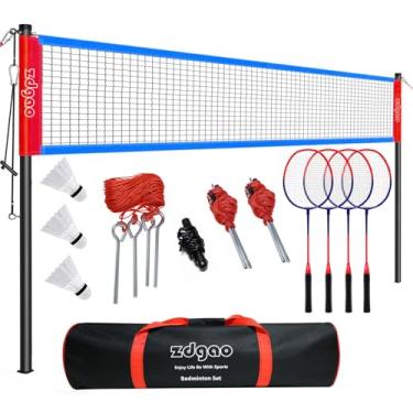 Imagem de Zdgao Conjuntos de badminton para quintais com rede | Rede portátil de badminton com sistema de guincho, conjunto de 4 raquetes de badminton de alumínio, 3 petecas de nylon, linha de limite e bolsa de transporte durável (vermelho e azul)