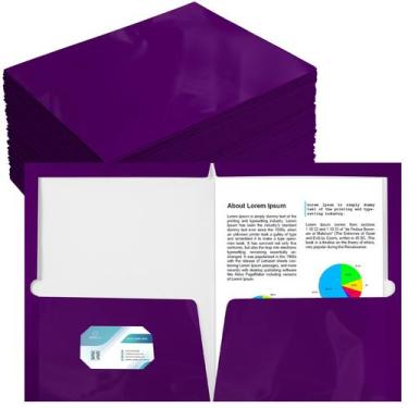 Imagem de Pasta Yeaqee, pacote com 100, 2 bolsos, laminado brilhante, roxo