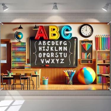 Imagem de BlissYard Faixa de volta às aulas 188 x 109 cm decoração de sala de aula de poliéster com alfabeto ABC, livros, giz de cera e material escolar para decoração de quarto de crianças e sala de aula