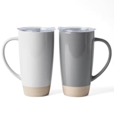 Imagem de famiware Canecas de café Milkyway, caneca de café grande de 590 ml, conjunto de 2 canecas de cerâmica com tampa, conjunto de copos com alça para latte, chá, cacau, leite, casa e escritório, cinza