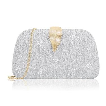 Imagem de Milisente Bolsas de mão para mulheres, bolsa de ombro de camurça sólida para noite com fecho de folhas metálicas, Prata brilhante, Small