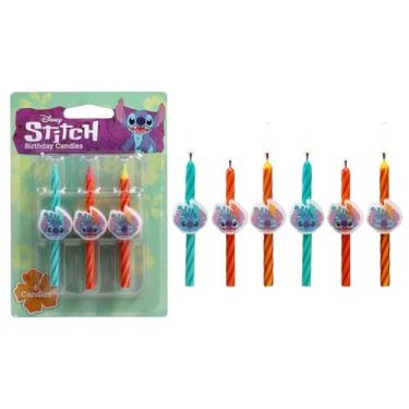 Imagem de Velas de bolo de aniversário da Disney's Stitch | 6 velas de aniversário para decoração de bolo, velas laranja, azul e amarela, topos de bolo para festa Lilo e Stitch