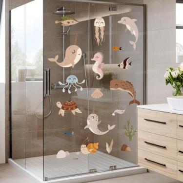 Imagem de Kit Adesivos Fundo do Mar Infantil Lavável Seguro Fácil Aplicação para Box, Piscina ou Quarto de Bebê Menina Menino