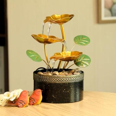 Imagem de TiCin Fonte de água de mesa com flores de lótus douradas, 25 x 15 x 15 cm, alimentada por USB, decoração de relaxamento interno com pedras