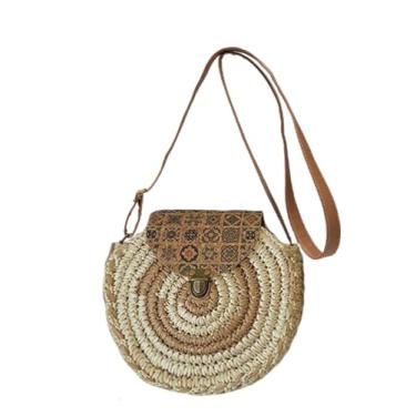 Imagem de SHAREYOIU Bolsa feminina Boho feita à mão de tecido natural, bolsa redonda de palha de ombro de palha para praia, Bege
