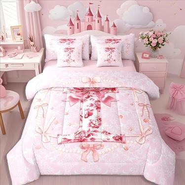Imagem de Erosebridal Conjunto de edredom infantil com letra I, para meninas, com laço de coquete, princesa, estética, sonhador, cama fofa em uma bolsa com design floral rosa chique (I)