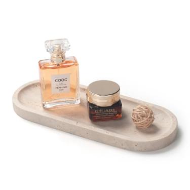 Imagem de Bandeja oval de pedra travertino para joias, velas, perfume, bandeja decorativa de banheiro de mármore para organizador de bancada 25 cm x 9,9 cm x 1,8 cm