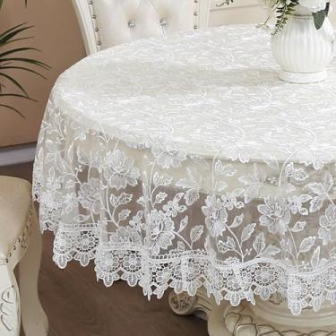 Imagem de ZHUIDUSI Toalha de mesa redonda de renda para uso ao ar livre, toalha de mesa branca, floral, bordada, macramê, crochê, vintage, para jantar, cozinha, verão, férias, aniversário, festa de casamento