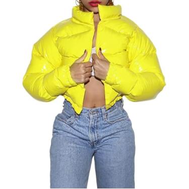 Imagem de Jaqueta Puffer Cropped Feminina Inverno Brilhante Zip Up Curto Bubble Puffy Coats, Yellow, L