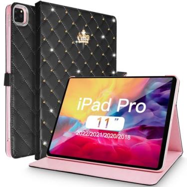 Imagem de Changjia Capa flip de couro PU para iPad Pro 11 2021 (3ª geração), linda coroa brilhante diamante Folio inteligente dormir/acordar à prova de choque capa de proteção total para Apple iPad Pro 11 polegadas (preto)
