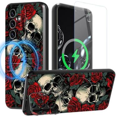 Imagem de BREIDMKFM Capa para Samsung Galaxy S24 FE com protetor de tela e suporte para câmera, suporte de camada dupla, capa magnética protetora resistente para Samsung Galaxy S24FE, caveira rosa vermelha