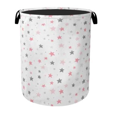Imagem de Cute Pink Stars Cesta de roupa suja dobrável de lona com alças - Organizador de brinquedos, resistente para casa, quarto, dormitório, banheiro