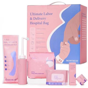 Imagem de MOMYMUST Kit De Itens Essenciais Pós-Parto, Itens Essenciais Para Recuperação Da Mãe No Parto Com Garrafa Peri, Spray De Resfriamento De Ervas, Roupa Íntima Absorvente Descartável, Almofada Absorvente