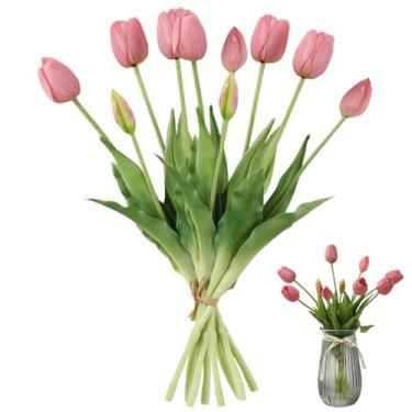 Imagem de Tulipas, 2 peças, tulipas, flores artificiais, 5 cabeças, realistas, artificiais, 40,6 cm, seda de toque real para buquê de casamento, primavera, Páscoa, seda