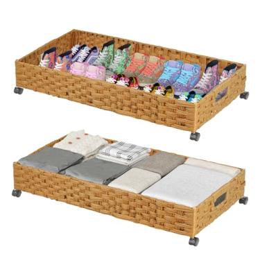 Imagem de Gvztxoe Recipientes de armazenamento sob a cama com rodas, pacote com 2 gavetas organizadoras de vime feitas à mão de 80 cm/35L, montagem sem ferramentas, rolando sob a cama, caixas de armazenamento