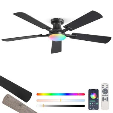 Imagem de ZMISHIBO Ventilador de teto RGB de 52 polegadas com luz, aplicativo e controle remoto, montagem embutida de perfil baixo, luz LED regulável de 20 W, motor reversível silencioso para quarto, sala de