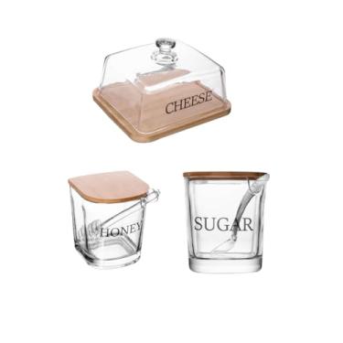 Imagem de Kit Queijeira Açucareiro Meleira Vidro e Bambu Wolff