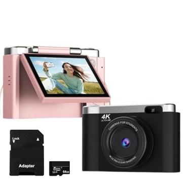 Imagem de Câmera digital 4K para fotografia com foco automático, câmera vlogging de 48 MP para YouTube, cartão SD de 64 GB, tela flip de 2,8 polegadas, compacta para viagens com zoom de 8X, flash, antivibração