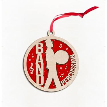 Imagem de Enfeites de bumbo 3D de madeira para árvore de Natal, percussão de banda marcial - ornamento de baterista de baixo, instrumento musical, banda de marcha, lembrança para bateristas, amantes da música
