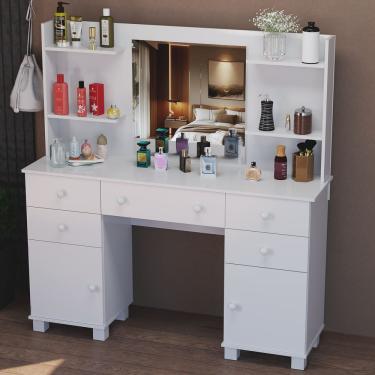 Imagem de Penteadeira Camarim Com Prateleiras e Portas Para Maquiagem Quarto ou Closet Espelho Grande