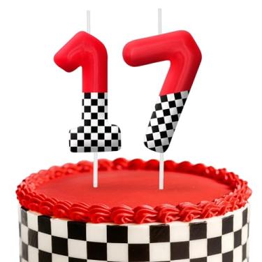 Imagem de Velas de aniversário de carro de corrida, decoração de topo de bolo de 6 cm, bandeira quadriculada número 17 velas, decorações de aniversário, decorações de bolo de festa de aniversário, suprimentos