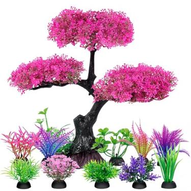 Imagem de Decoração de plantas de plástico artificial de aquário, decoração de aquário de flor de cerejeira rosa e grama, conjunto de decorações de aquário de peixes dourados, kit completo de decoração de