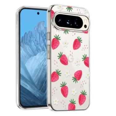 Imagem de CameCosy Capa transparente para Google Pixel 10 Pro XL 6,8 polegadas 2025, capa protetora com estampa de flores de morango fofas para mulheres, capa de TPU de silicone ultra fina à prova de choque à