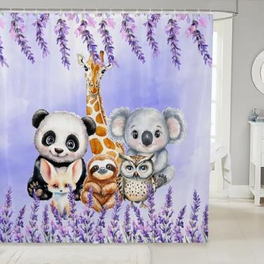 Imagem de Erosebridal Conjunto de cortina de chuveiro de animais do zoológico infantil, girafa panda, preguiça, coala, conjunto kawaii, decoração de quarto, cortina de chuveiro de tecido coruja raposa roxa